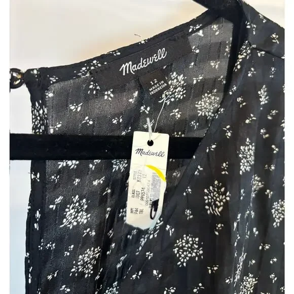 NWT Madewell Black White Floral Maxi Dress 12 Long Sleeve Ruched Boho Romantic - Picture 7 of 16
